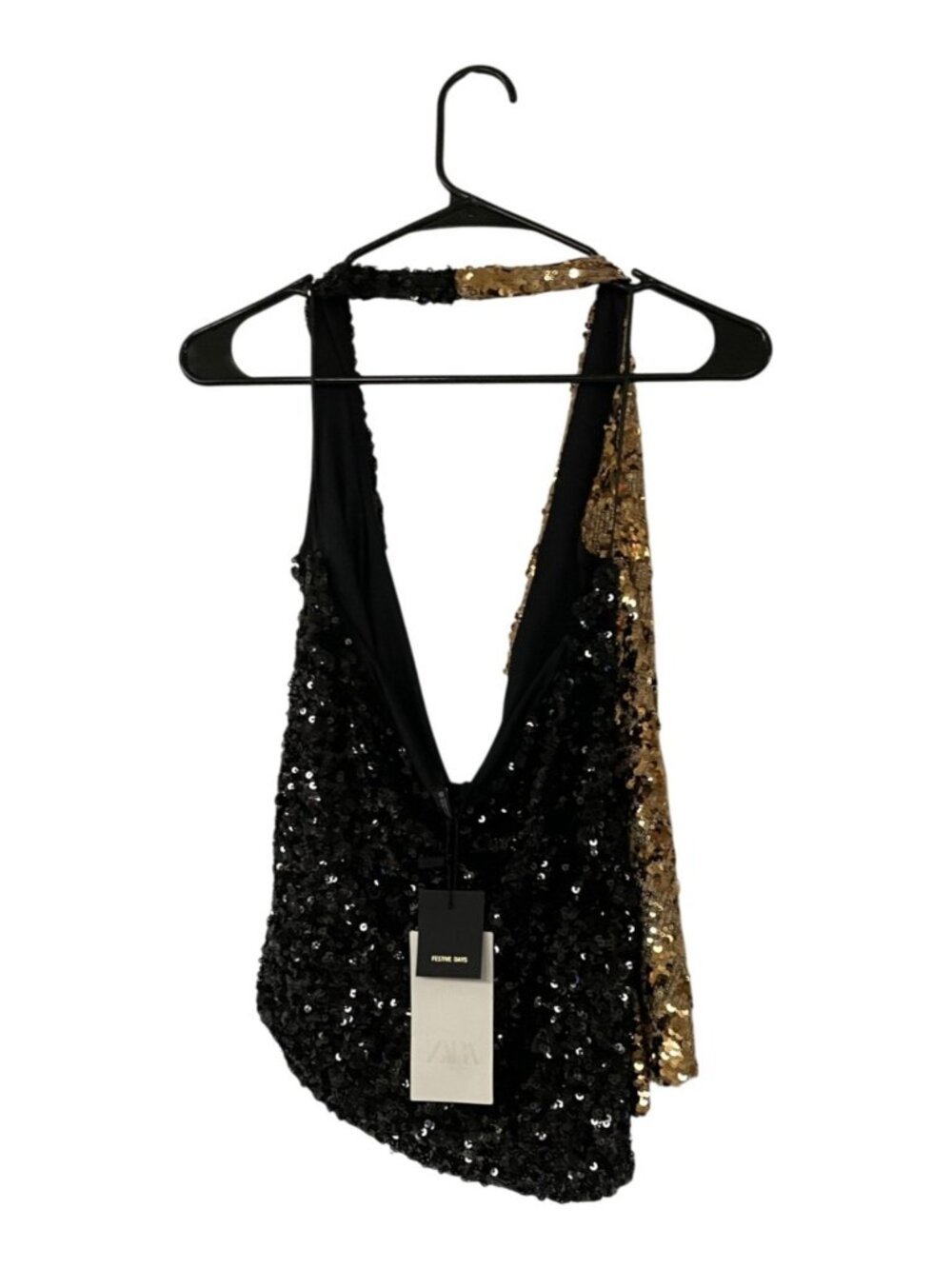 Zara Womens Sequin Halter Top shirt S Halter Black Gold Combined 9956/861 NWT - Picture 4 of 14